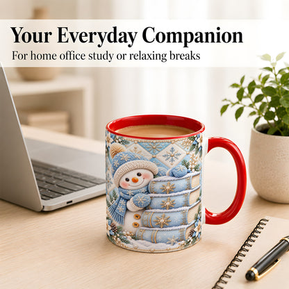 #pl[11oz|Red] Snowman Books Coffee Mug, Winter Reading Snowman Mug, Ceramic Cup