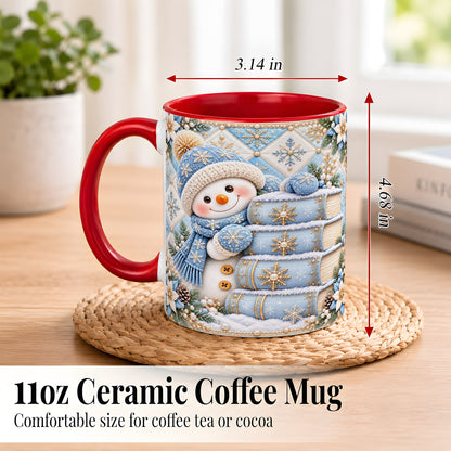 #pl[11oz|Red] Snowman Books Coffee Mug, Winter Reading Snowman Mug, Ceramic Cup
