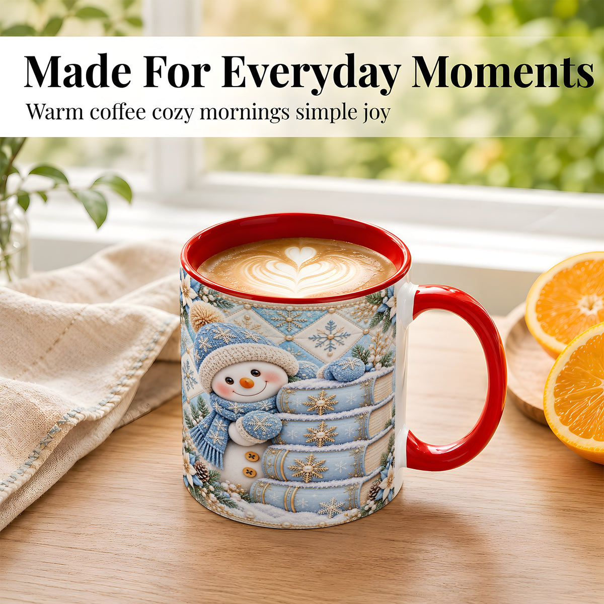 #pl[11oz|Red] Snowman Books Coffee Mug, Winter Reading Snowman Mug, Ceramic Cup