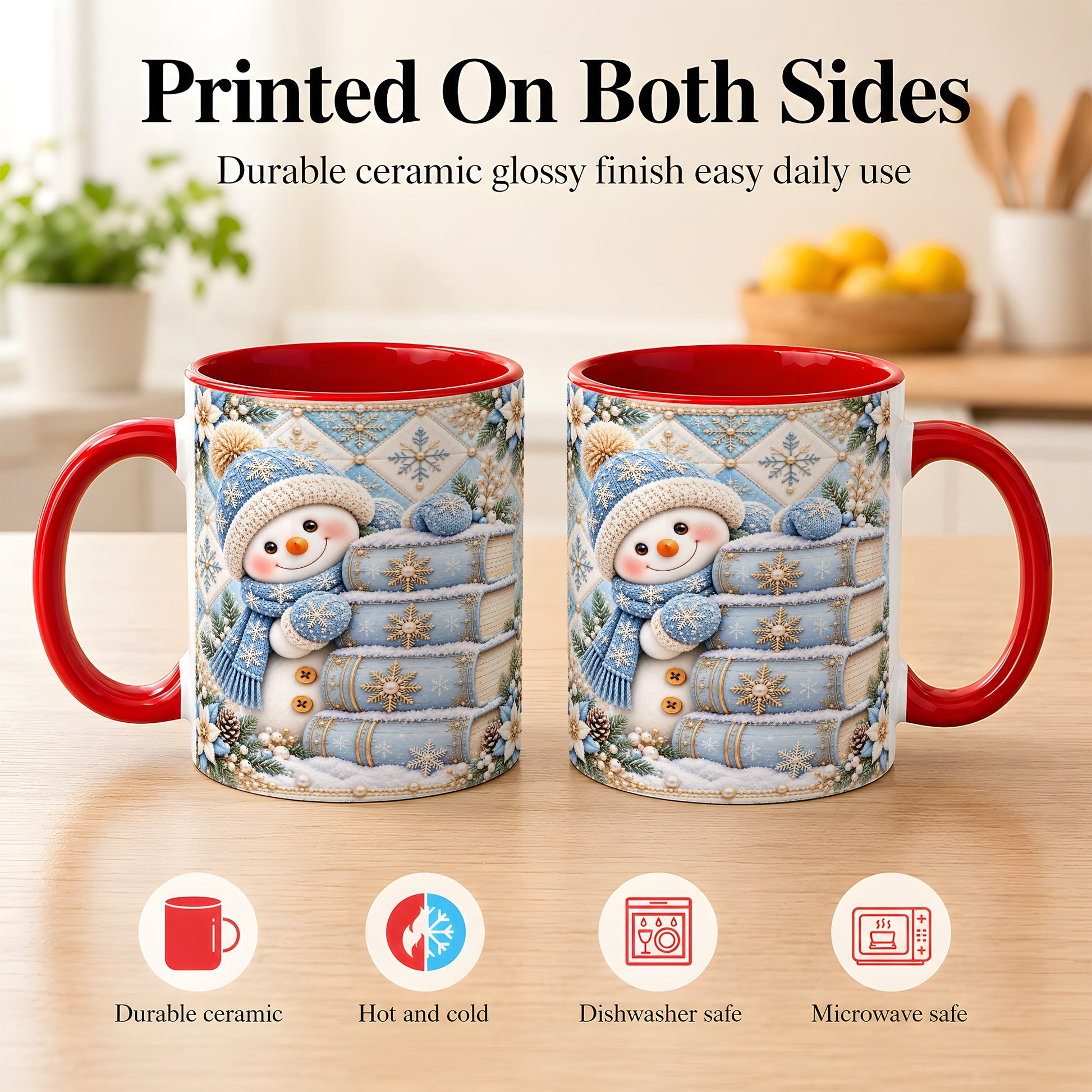 #pl[11oz|Red] Snowman Books Coffee Mug, Winter Reading Snowman Mug, Ceramic Cup
