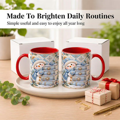 #pl[11oz|Red] Snowman Books Coffee Mug, Winter Reading Snowman Mug, Ceramic Cup