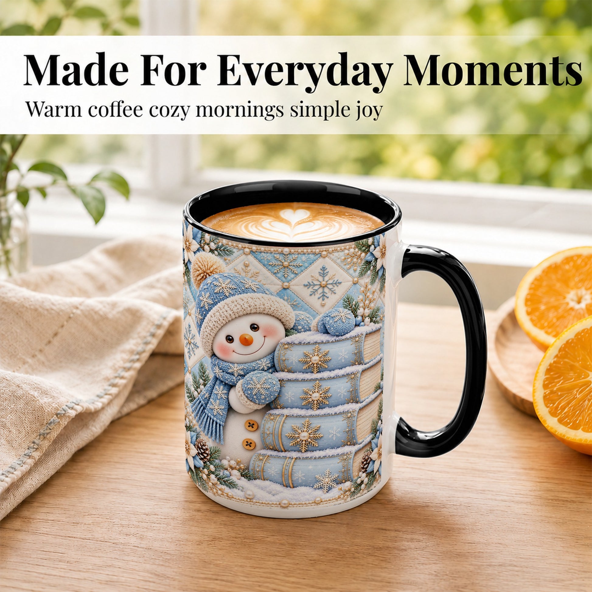 #pl[15oz|Black] Snowman Books Coffee Mug, Winter Reading Snowman Mug, Ceramic Cup