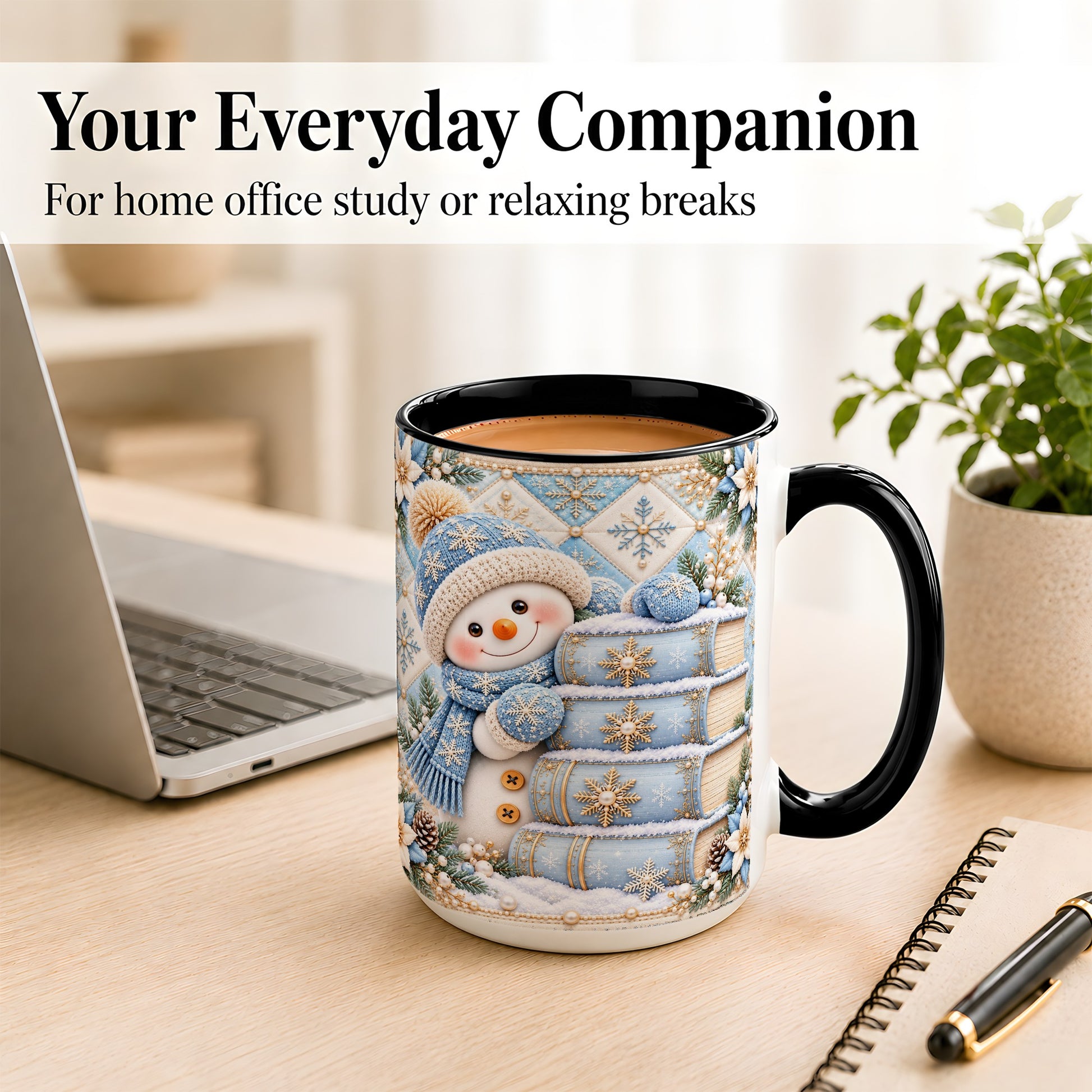 #pl[15oz|Black] Snowman Books Coffee Mug, Winter Reading Snowman Mug, Ceramic Cup