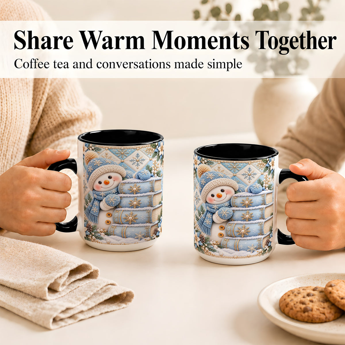 #pl[15oz|Black] Snowman Books Coffee Mug, Winter Reading Snowman Mug, Ceramic Cup