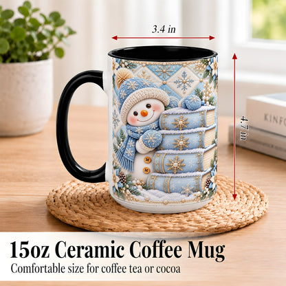 #pl[15oz|Black] Snowman Books Coffee Mug, Winter Reading Snowman Mug, Ceramic Cup