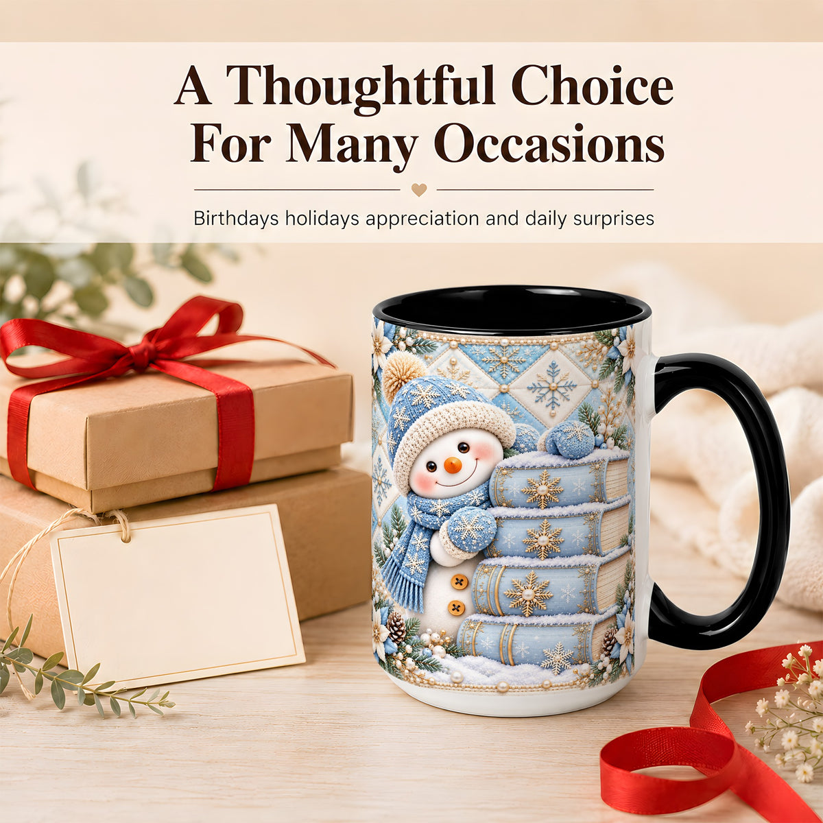 #pl[15oz|Black] Snowman Books Coffee Mug, Winter Reading Snowman Mug, Ceramic Cup