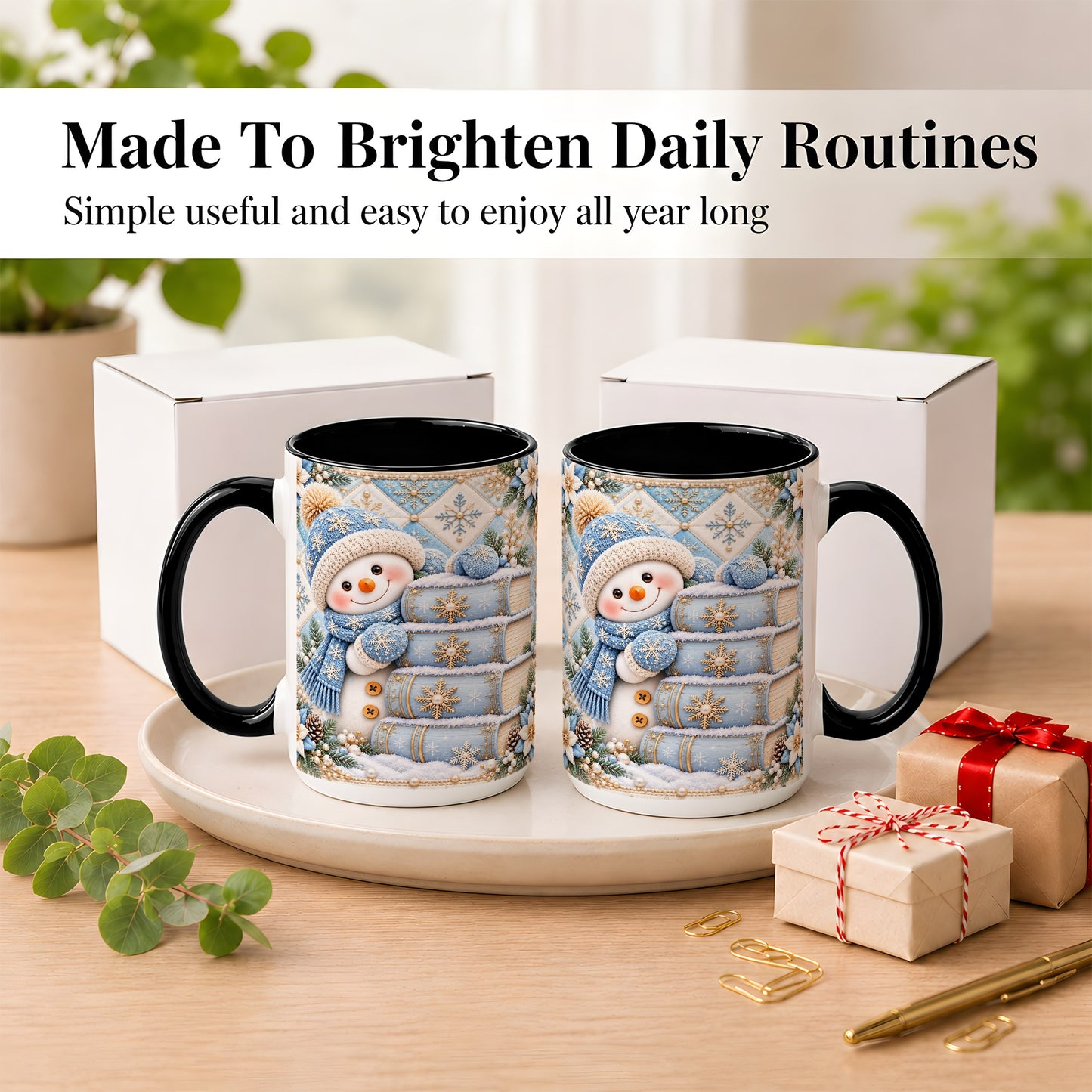 #pl[15oz|Black] Snowman Books Coffee Mug, Winter Reading Snowman Mug, Ceramic Cup