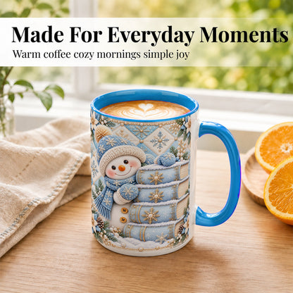 #pl[15oz|Blue] Snowman Books Coffee Mug, Winter Reading Snowman Mug, Ceramic Cup