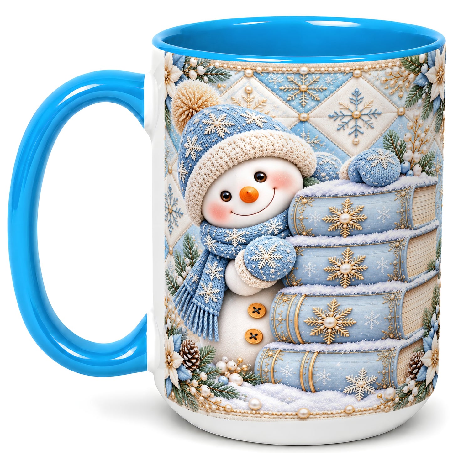 #pl[15oz|Blue] Snowman Books Coffee Mug, Winter Reading Snowman Mug, Ceramic Cup