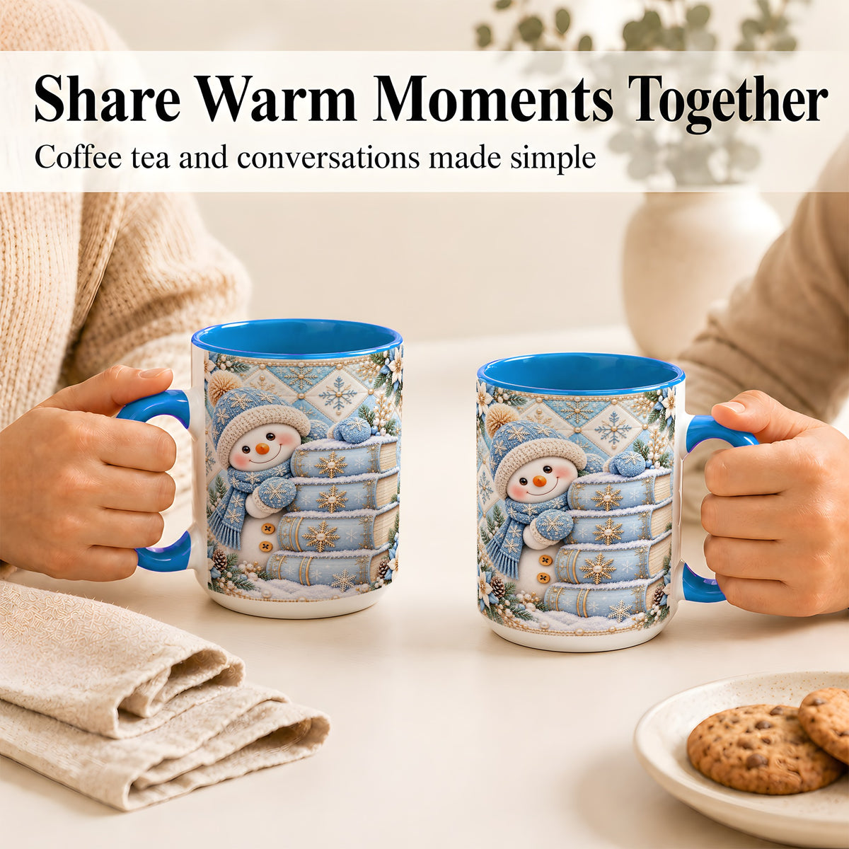 #pl[15oz|Blue] Snowman Books Coffee Mug, Winter Reading Snowman Mug, Ceramic Cup