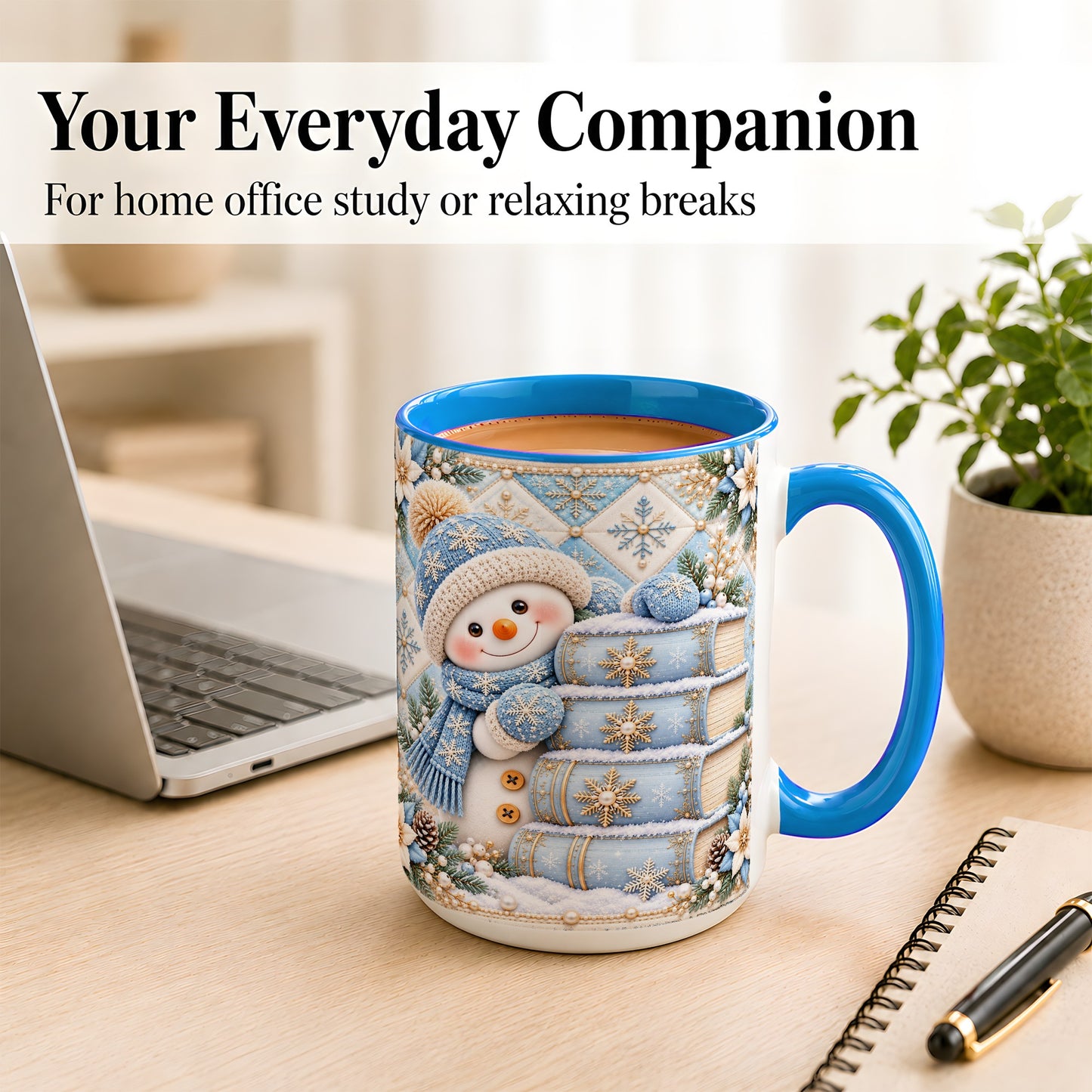 #pl[15oz|Blue] Snowman Books Coffee Mug, Winter Reading Snowman Mug, Ceramic Cup