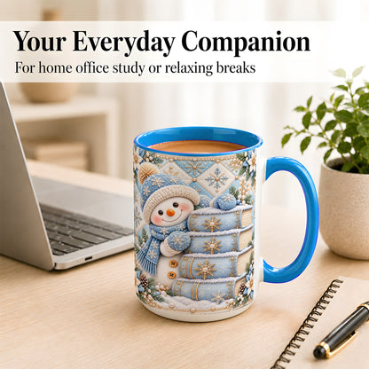 #pl[15oz|Blue] Snowman Books Coffee Mug, Winter Reading Snowman Mug, Ceramic Cup