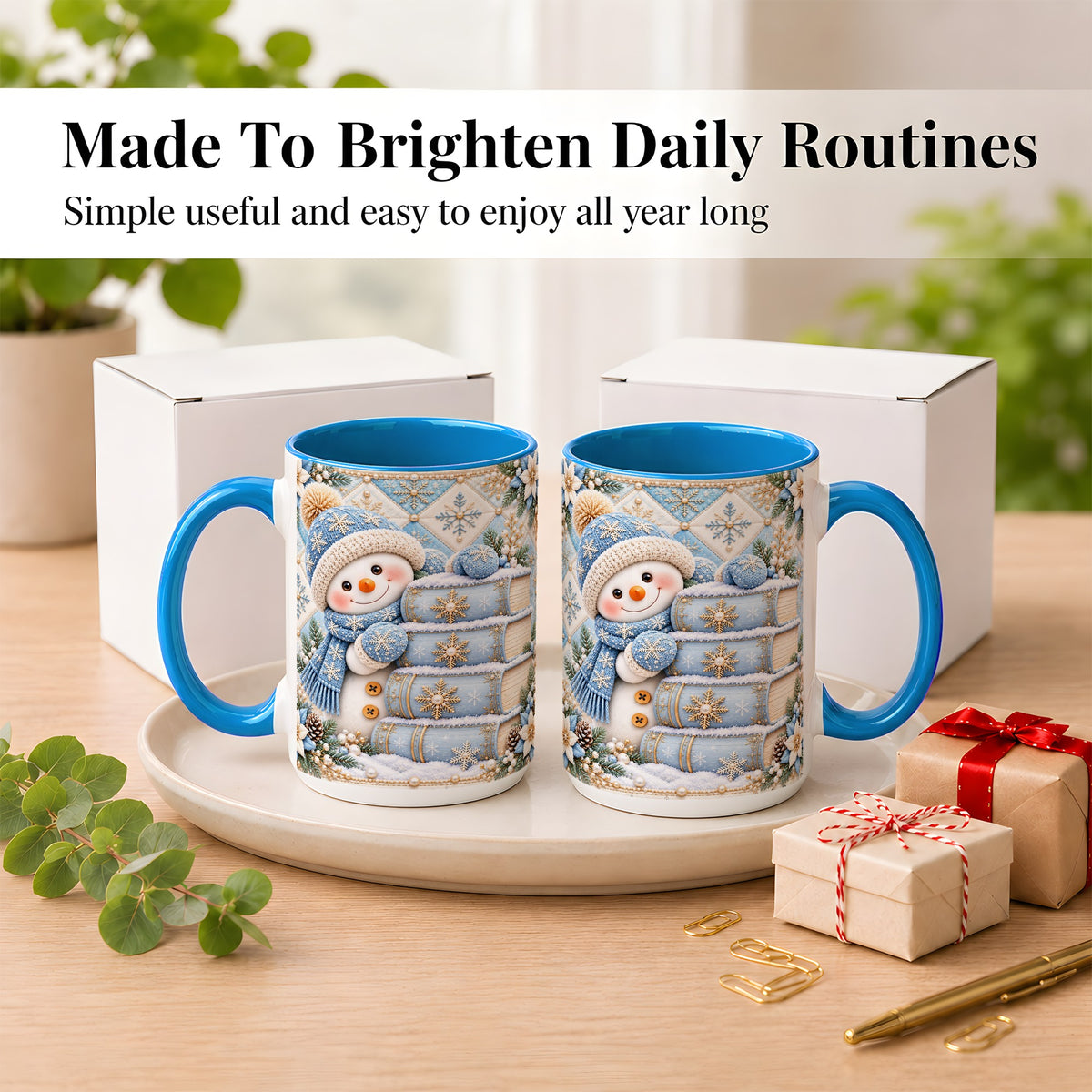 #pl[15oz|Blue] Snowman Books Coffee Mug, Winter Reading Snowman Mug, Ceramic Cup