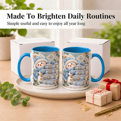 #pl[15oz|Blue] Snowman Books Coffee Mug, Winter Reading Snowman Mug, Ceramic Cup