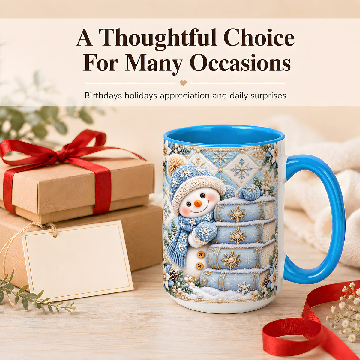 #pl[15oz|Blue] Snowman Books Coffee Mug, Winter Reading Snowman Mug, Ceramic Cup