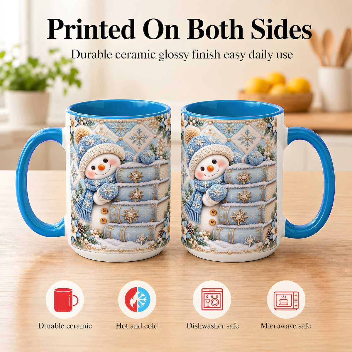 #pl[15oz|Blue] Snowman Books Coffee Mug, Winter Reading Snowman Mug, Ceramic Cup