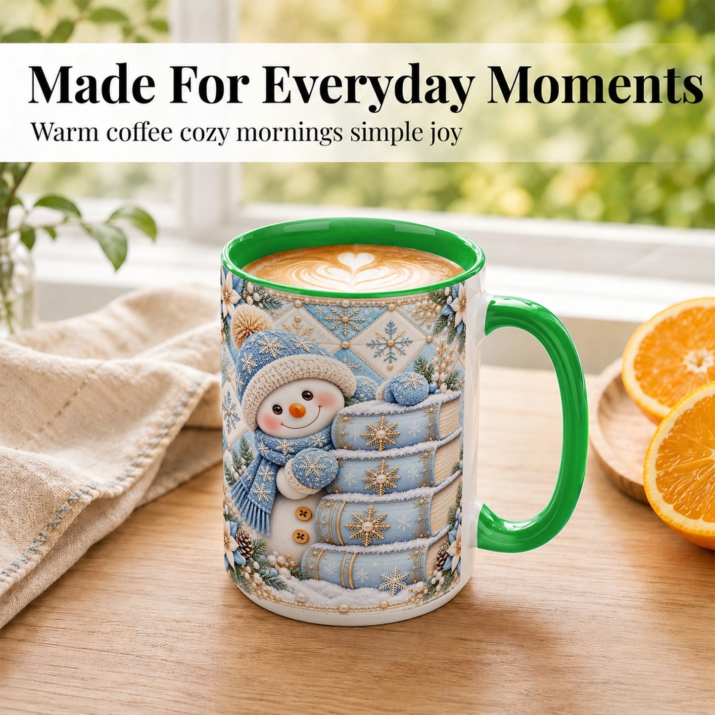 #pl[15oz|Green] Snowman Books Coffee Mug, Winter Reading Snowman Mug, Ceramic Cup