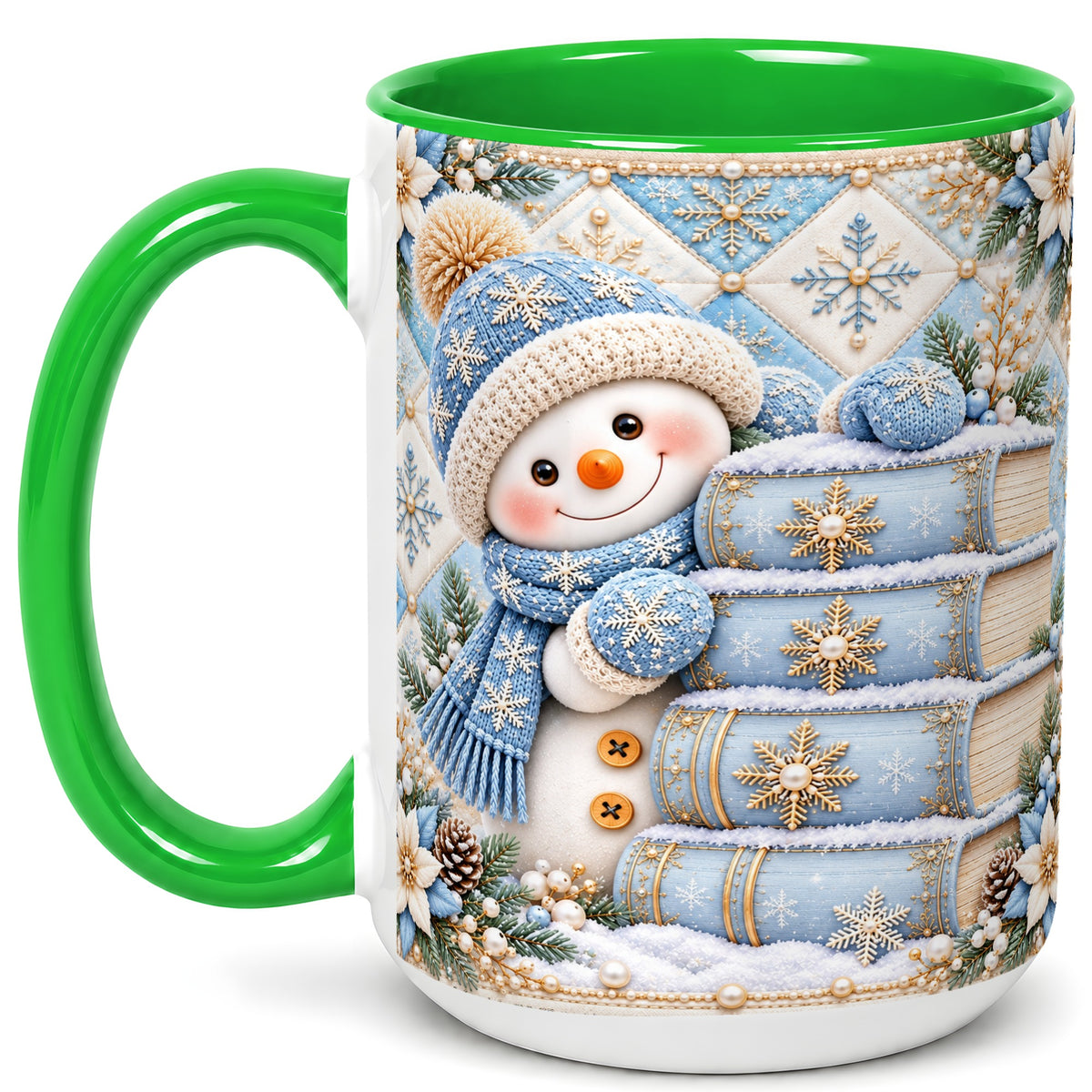 #pl[15oz|Green] Snowman Books Coffee Mug, Winter Reading Snowman Mug, Ceramic Cup