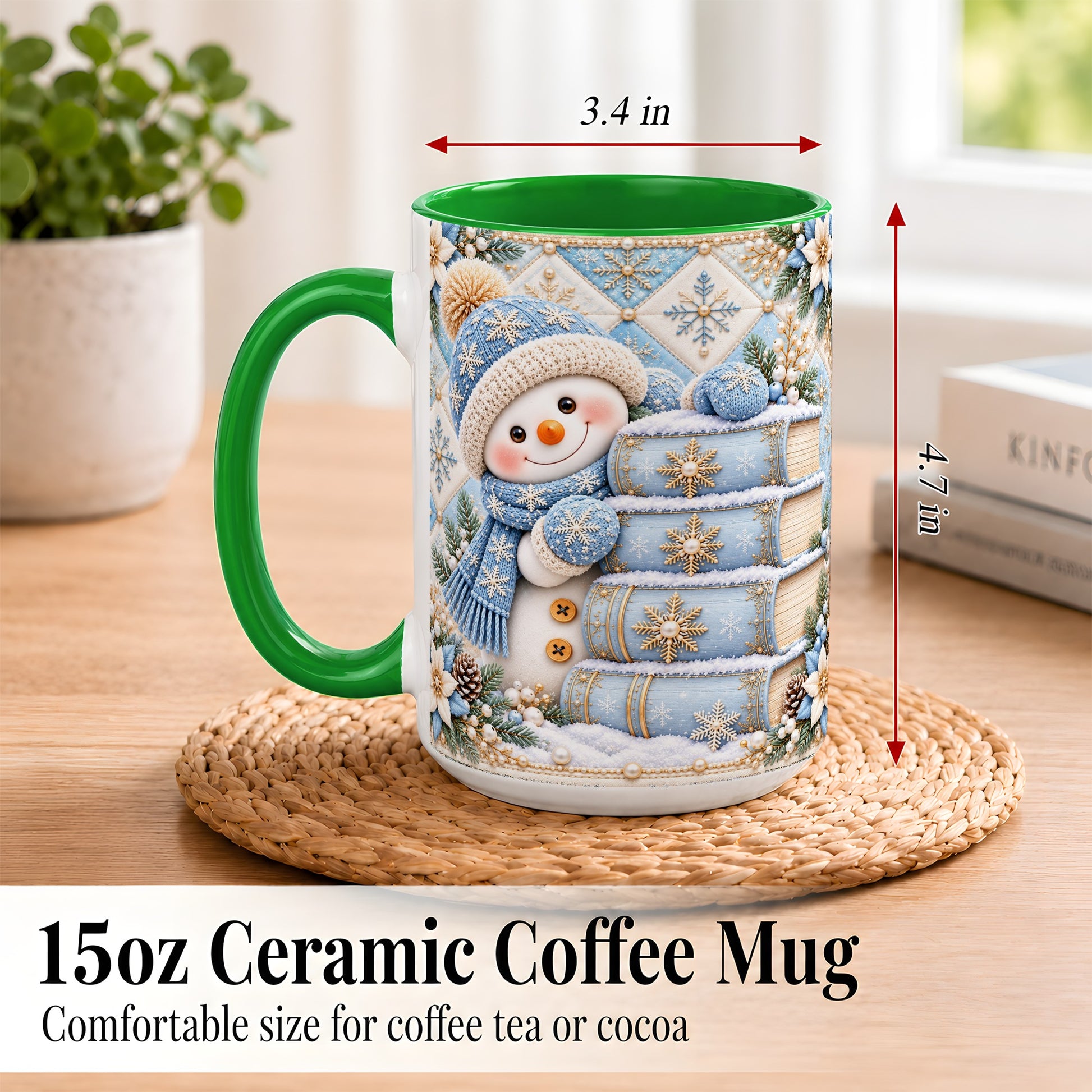 #pl[15oz|Green] Snowman Books Coffee Mug, Winter Reading Snowman Mug, Ceramic Cup
