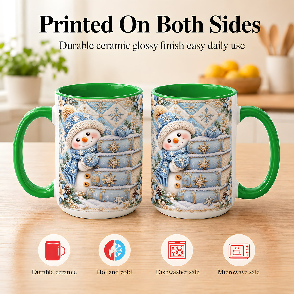 #pl[15oz|Green] Snowman Books Coffee Mug, Winter Reading Snowman Mug, Ceramic Cup