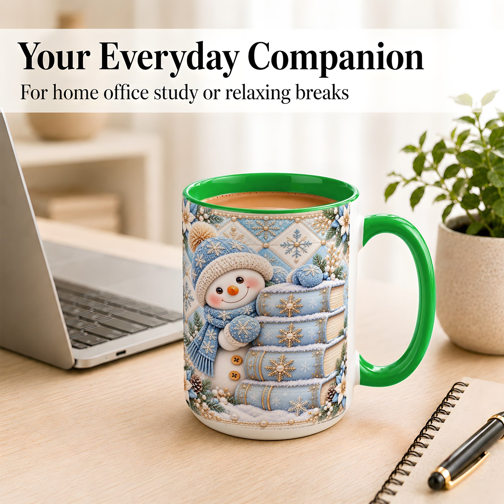 #pl[15oz|Green] Snowman Books Coffee Mug, Winter Reading Snowman Mug, Ceramic Cup