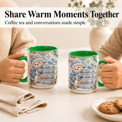#pl[15oz|Green] Snowman Books Coffee Mug, Winter Reading Snowman Mug, Ceramic Cup