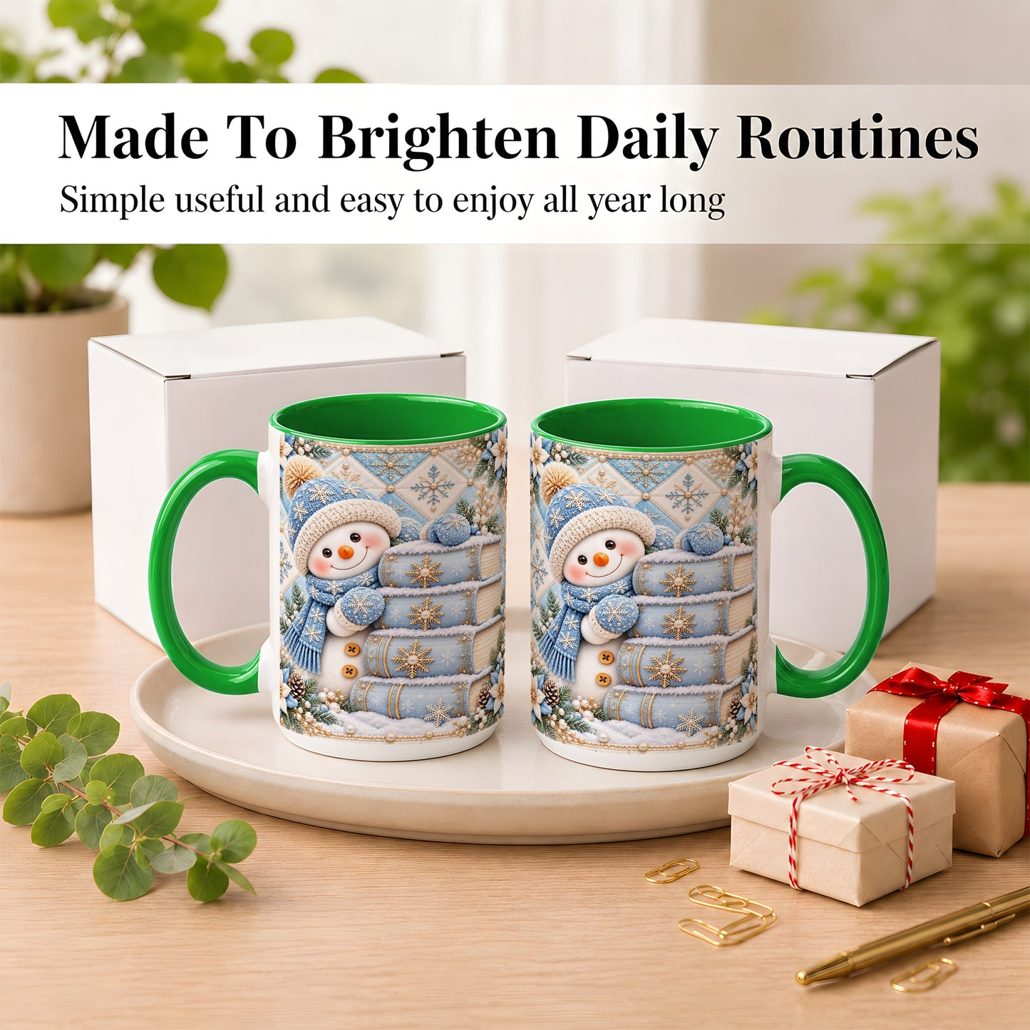 #pl[15oz|Green] Snowman Books Coffee Mug, Winter Reading Snowman Mug, Ceramic Cup