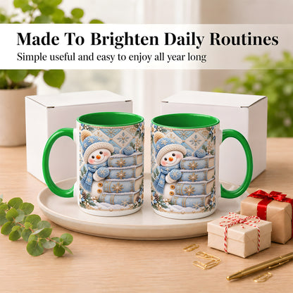 #pl[15oz|Green] Snowman Books Coffee Mug, Winter Reading Snowman Mug, Ceramic Cup