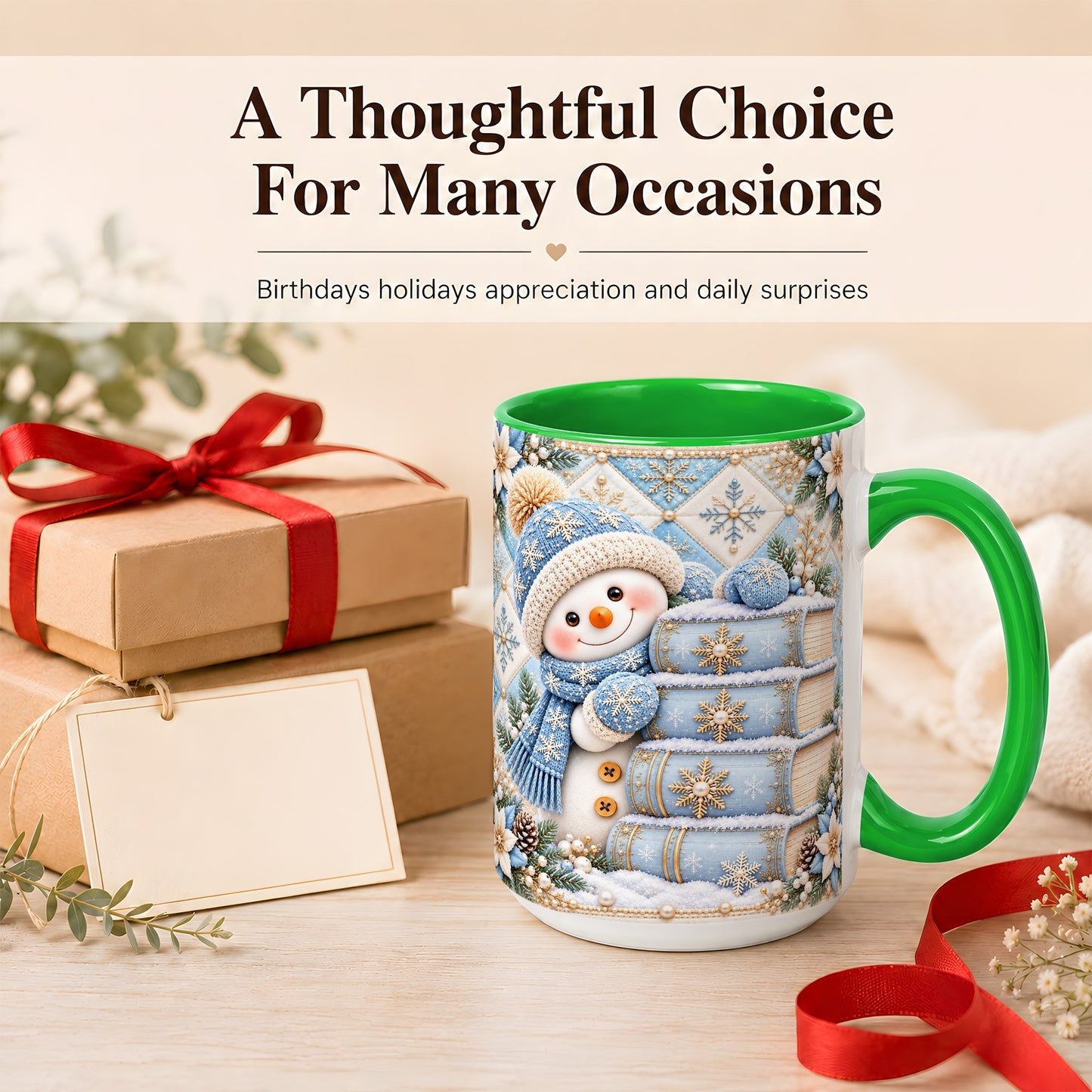 #pl[15oz|Green] Snowman Books Coffee Mug, Winter Reading Snowman Mug, Ceramic Cup