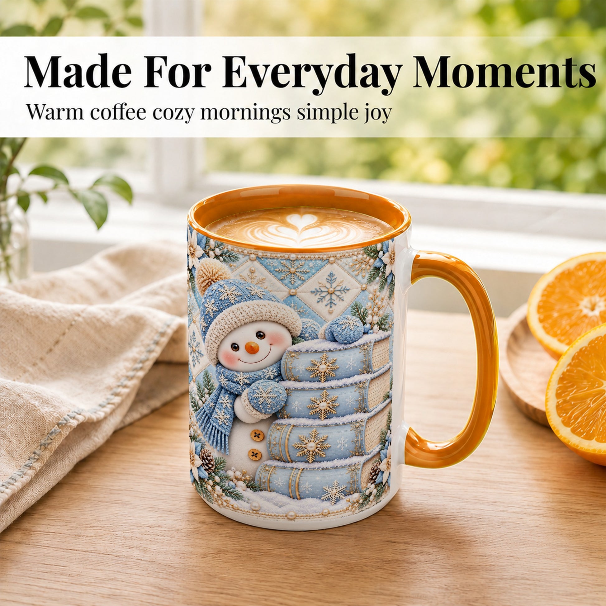 #pl[15oz|Orange] Snowman Books Coffee Mug, Winter Reading Snowman Mug, Ceramic Cup
