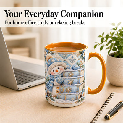 #pl[15oz|Orange] Snowman Books Coffee Mug, Winter Reading Snowman Mug, Ceramic Cup