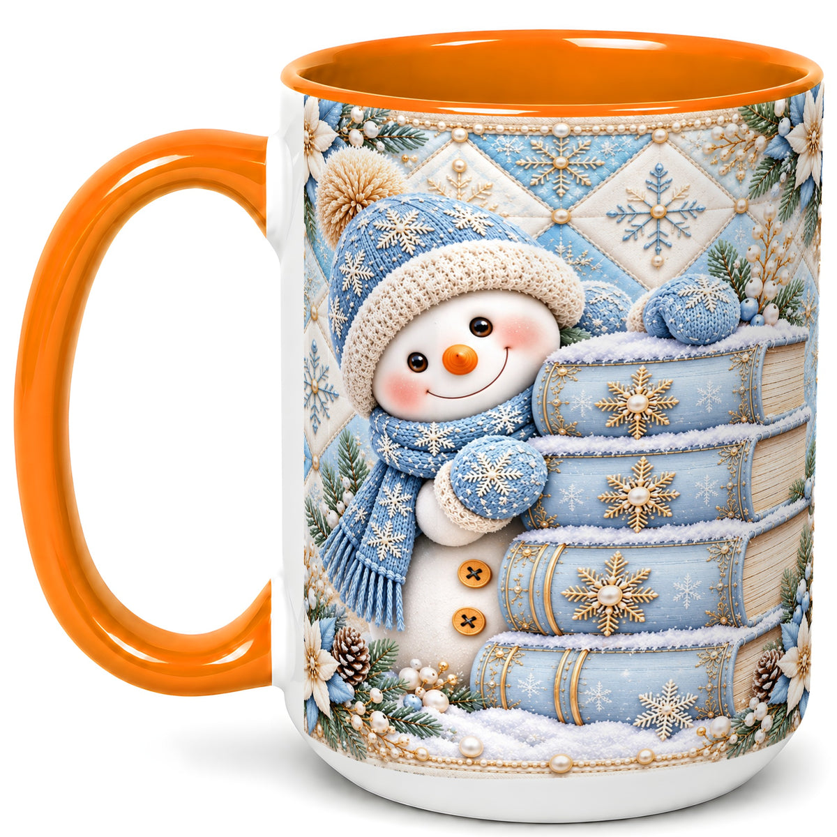 #pl[15oz|Orange] Snowman Books Coffee Mug, Winter Reading Snowman Mug, Ceramic Cup