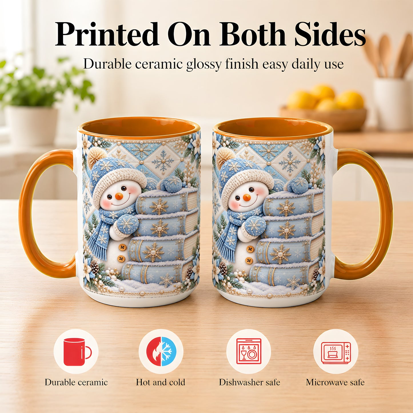 #pl[15oz|Orange] Snowman Books Coffee Mug, Winter Reading Snowman Mug, Ceramic Cup