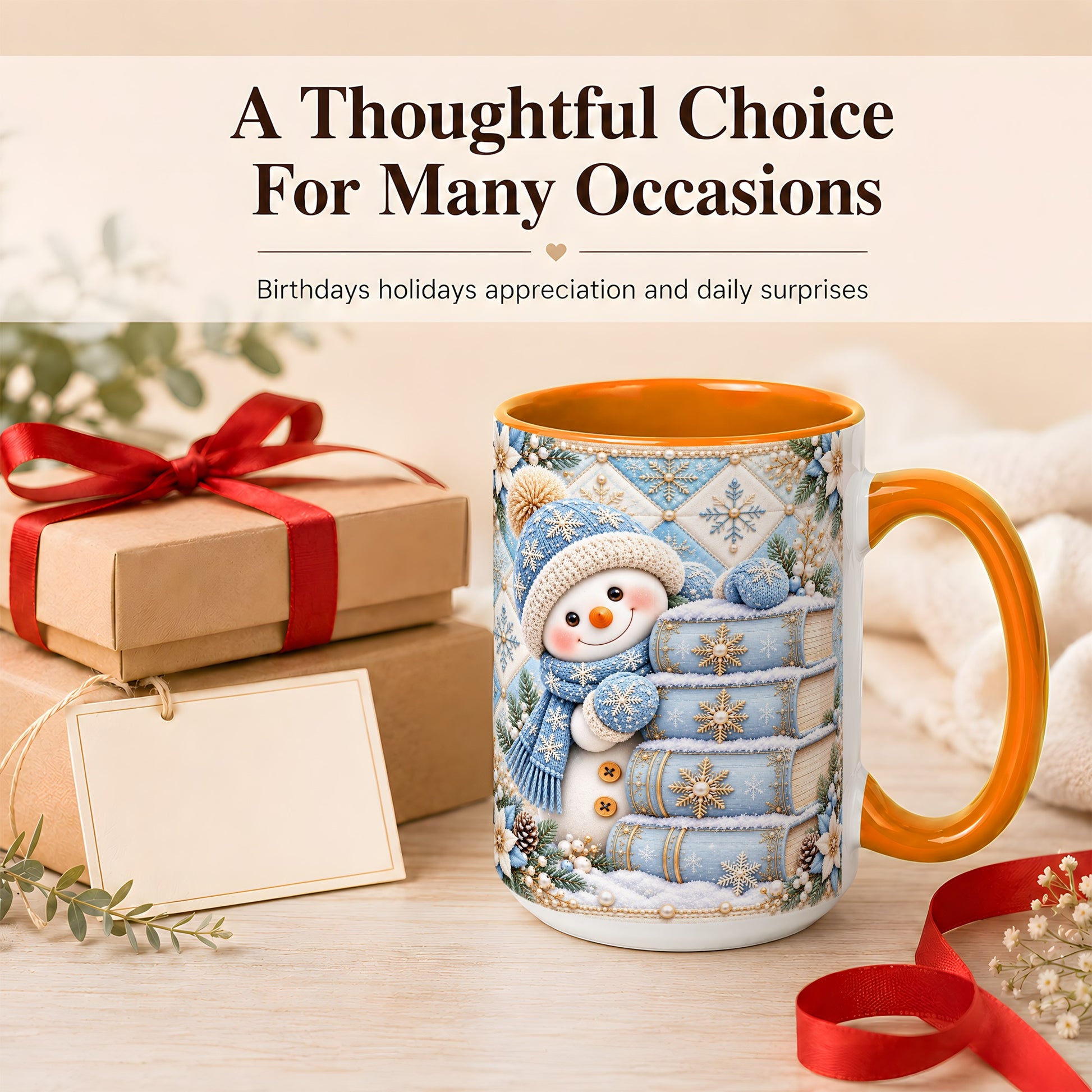 #pl[15oz|Orange] Snowman Books Coffee Mug, Winter Reading Snowman Mug, Ceramic Cup
