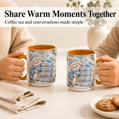 #pl[15oz|Orange] Snowman Books Coffee Mug, Winter Reading Snowman Mug, Ceramic Cup