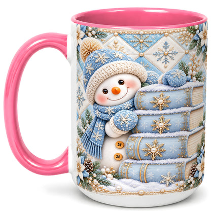 #pl[15oz|Pink] Snowman Books Coffee Mug, Winter Reading Snowman Mug, Ceramic Cup