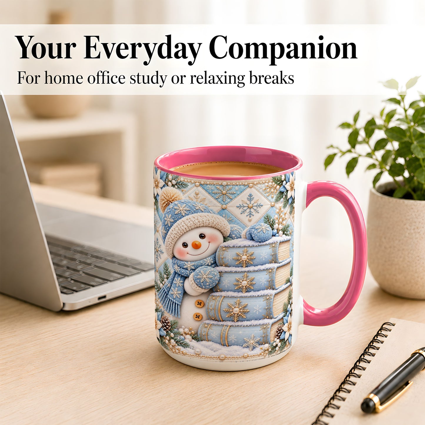 #pl[15oz|Pink] Snowman Books Coffee Mug, Winter Reading Snowman Mug, Ceramic Cup