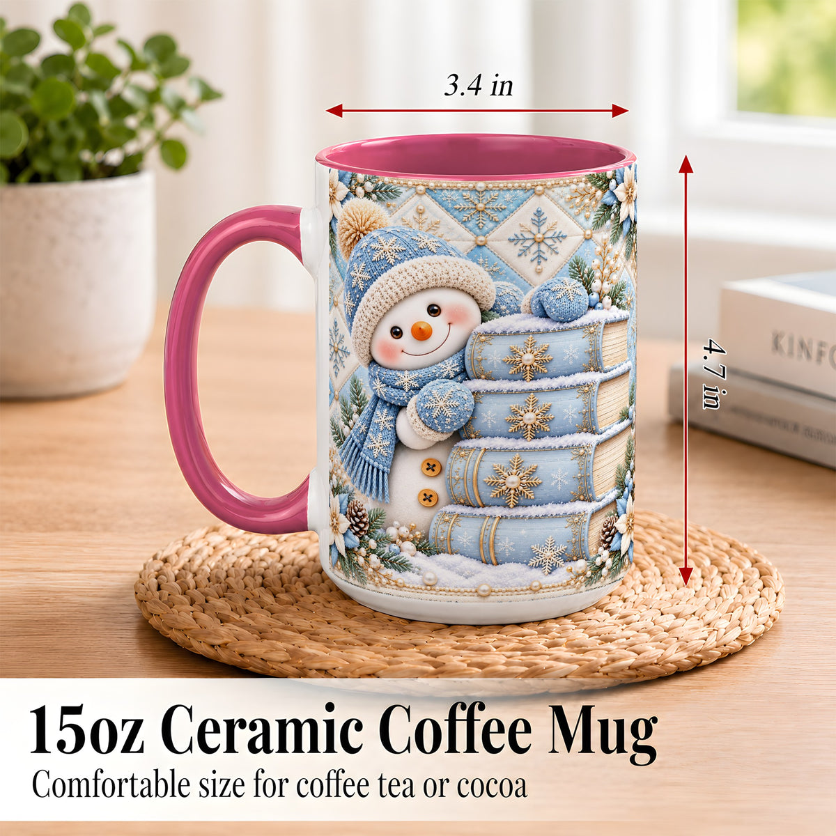 #pl[15oz|Pink] Snowman Books Coffee Mug, Winter Reading Snowman Mug, Ceramic Cup