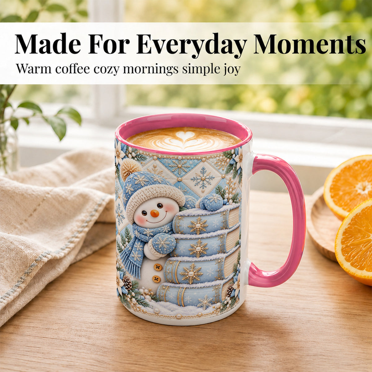 #pl[15oz|Pink] Snowman Books Coffee Mug, Winter Reading Snowman Mug, Ceramic Cup