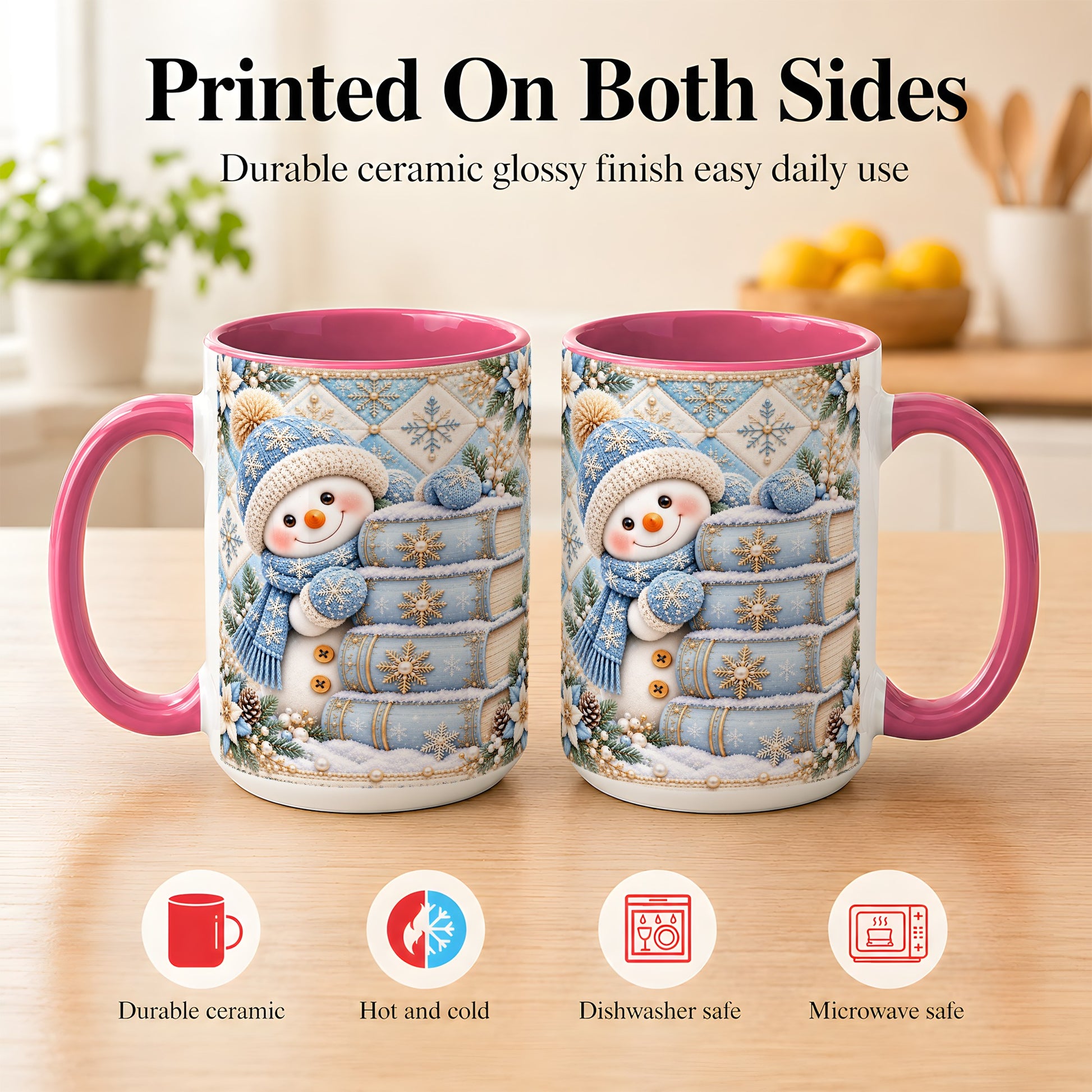 #pl[15oz|Pink] Snowman Books Coffee Mug, Winter Reading Snowman Mug, Ceramic Cup