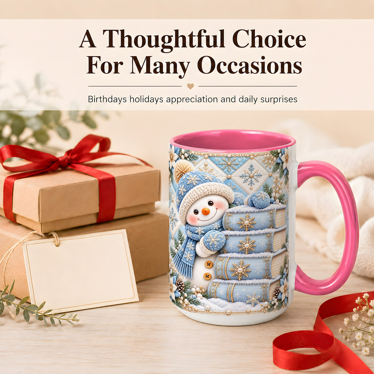 #pl[15oz|Pink] Snowman Books Coffee Mug, Winter Reading Snowman Mug, Ceramic Cup