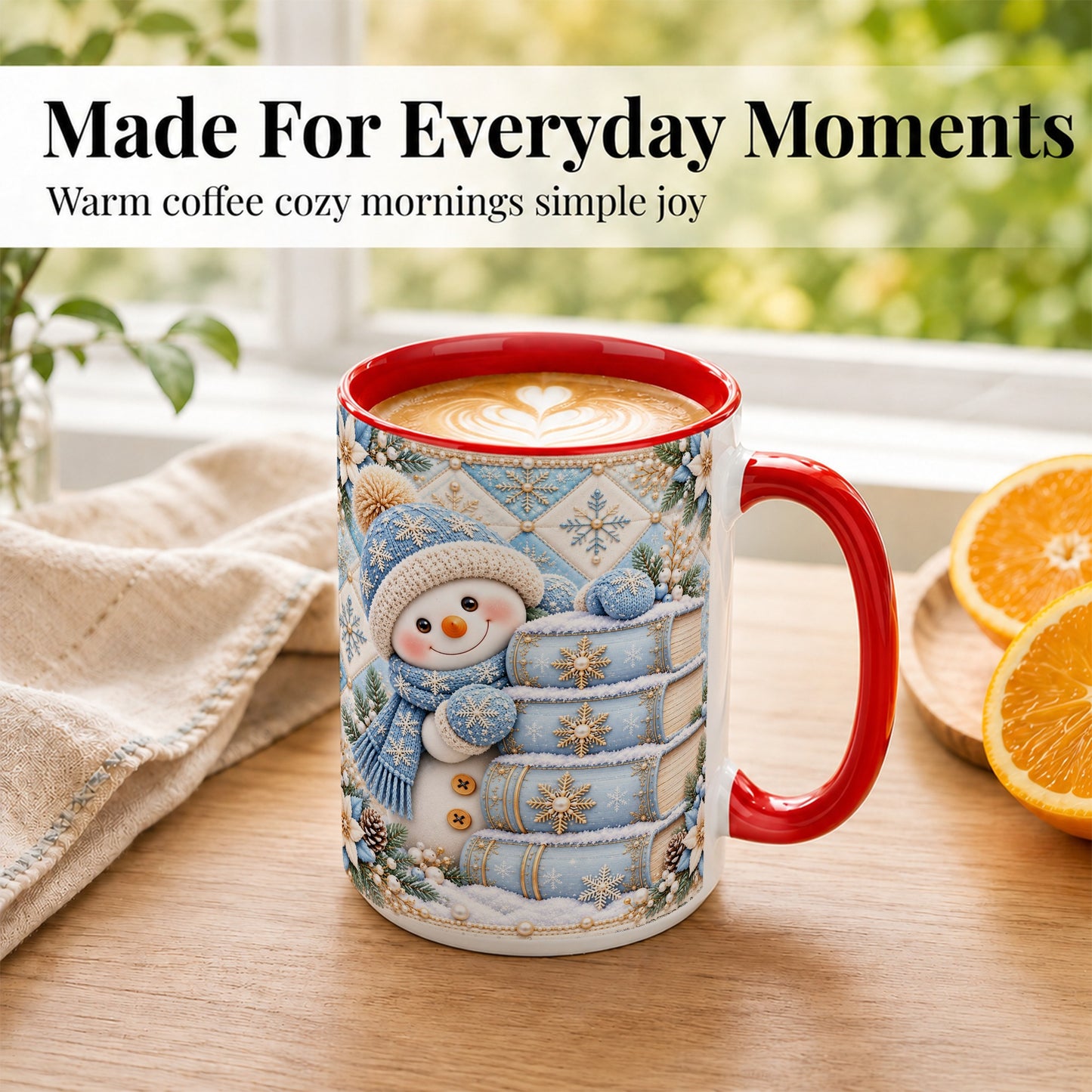 #pl[15oz|Red] Snowman Books Coffee Mug, Winter Reading Snowman Mug, Ceramic Cup
