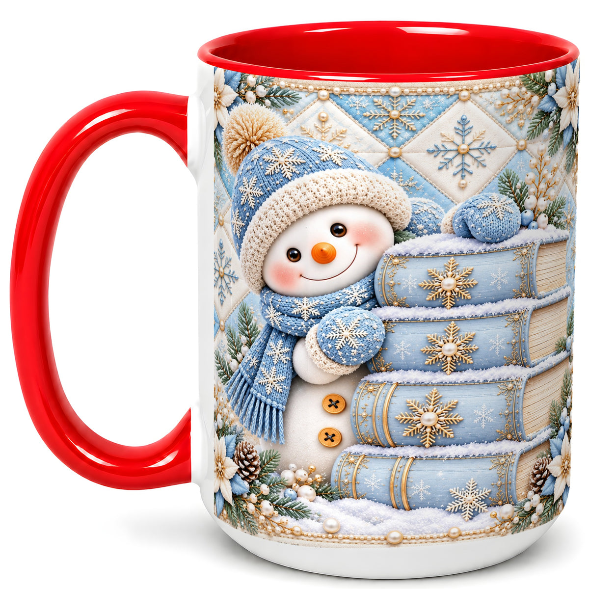 #pl[15oz|Red] Snowman Books Coffee Mug, Winter Reading Snowman Mug, Ceramic Cup