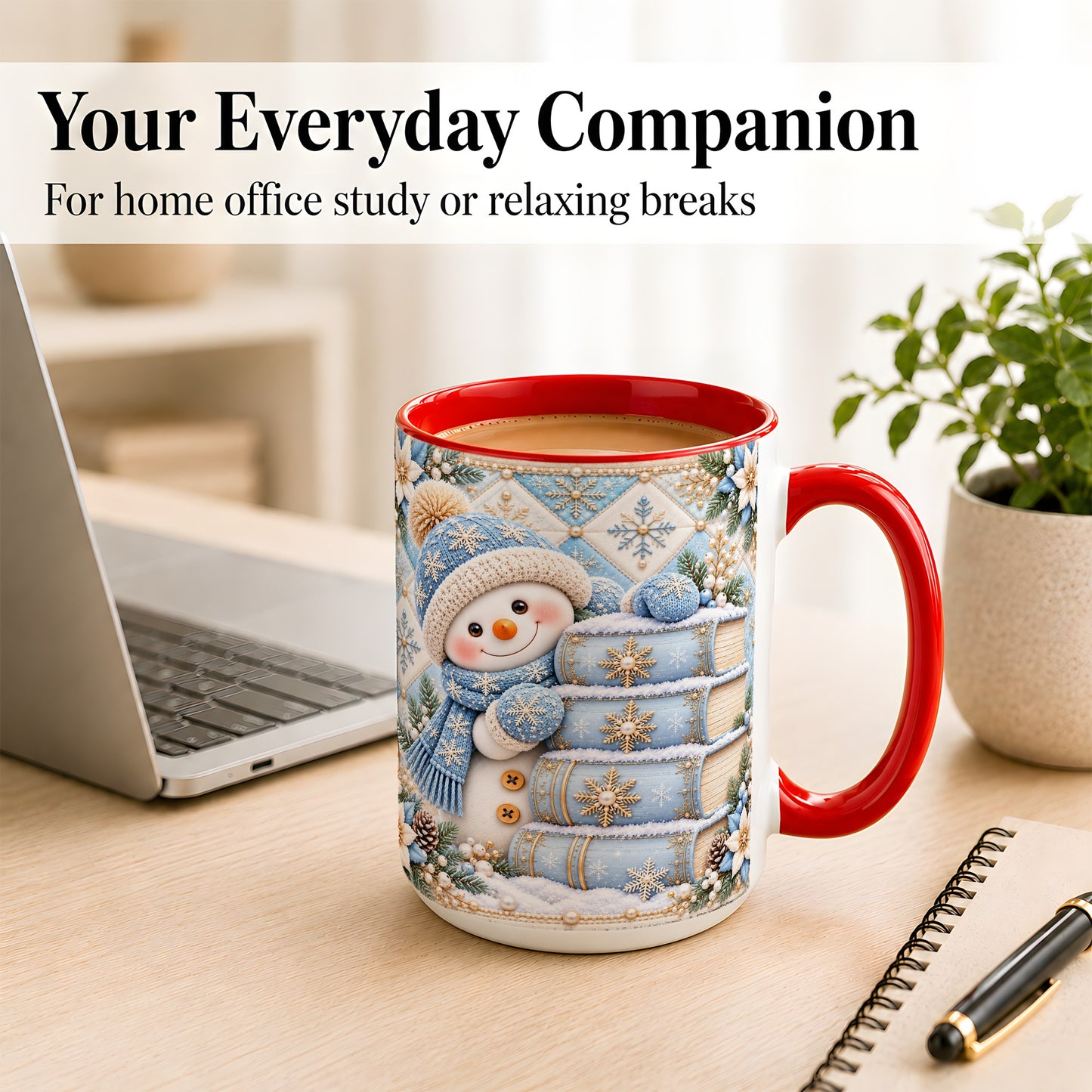 #pl[15oz|Red] Snowman Books Coffee Mug, Winter Reading Snowman Mug, Ceramic Cup