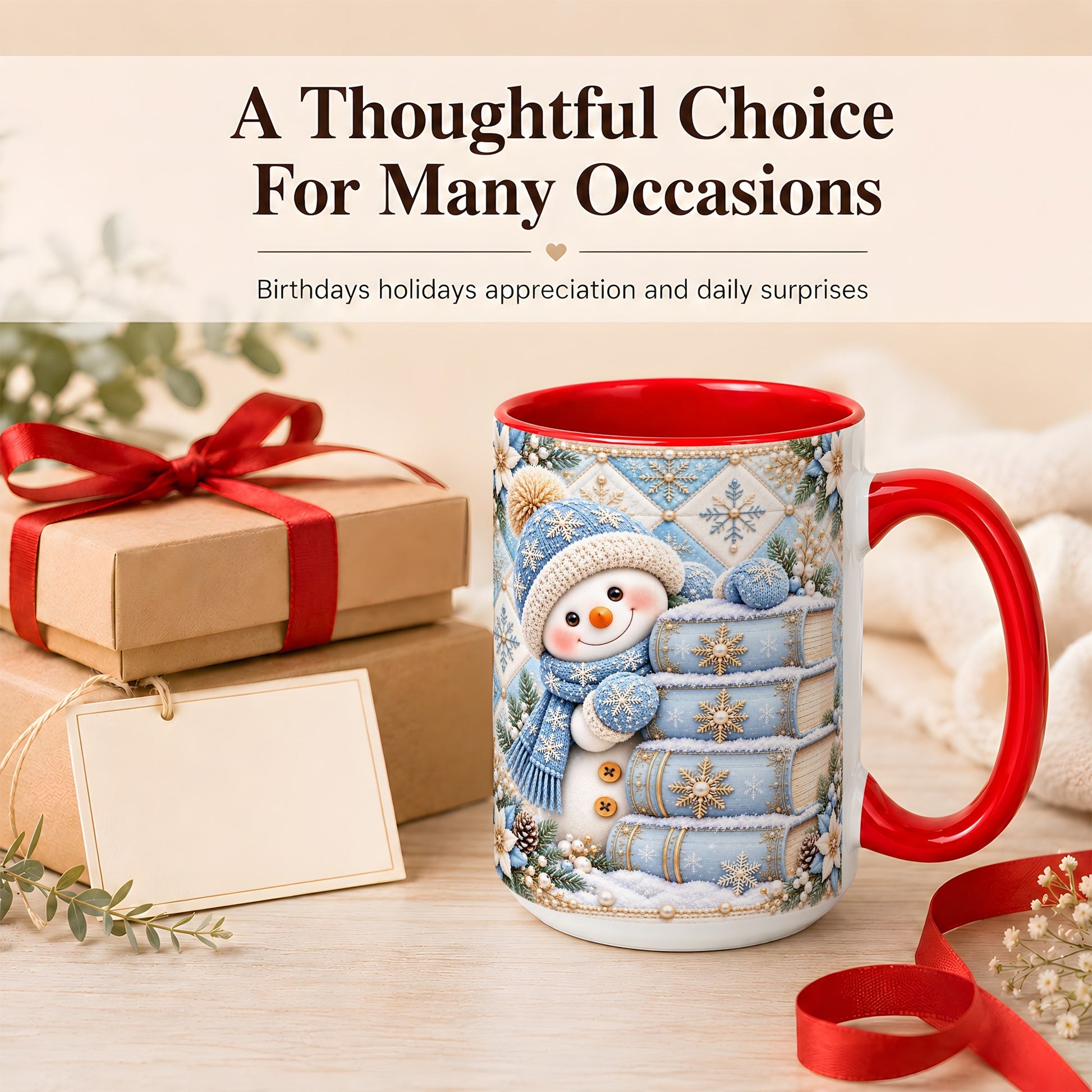 #pl[15oz|Red] Snowman Books Coffee Mug, Winter Reading Snowman Mug, Ceramic Cup