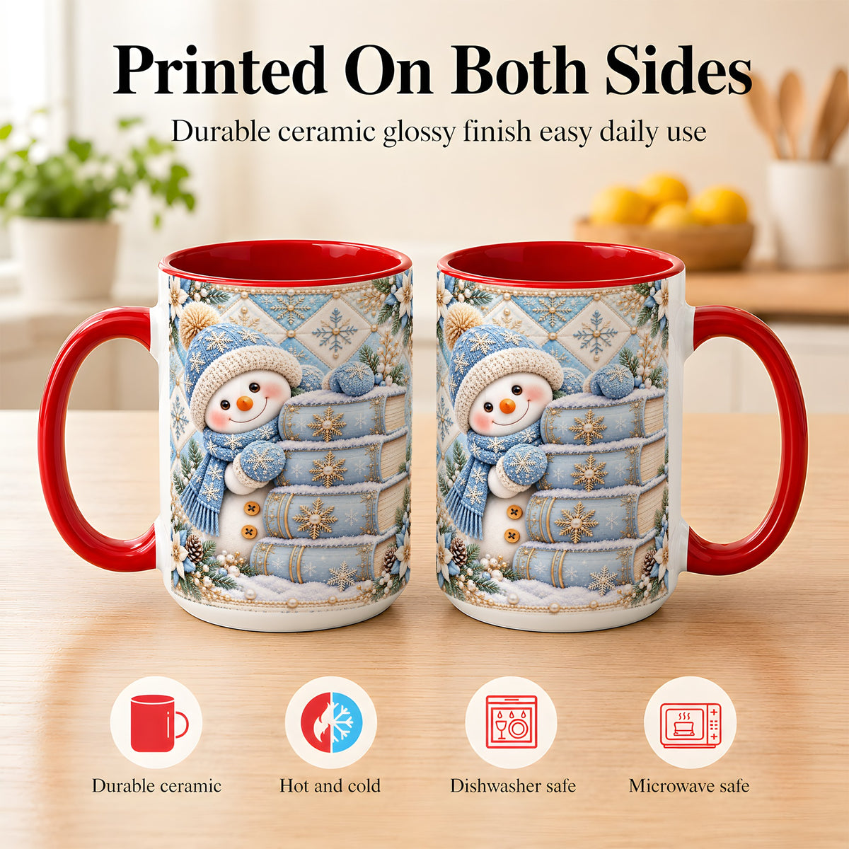 #pl[15oz|Red] Snowman Books Coffee Mug, Winter Reading Snowman Mug, Ceramic Cup
