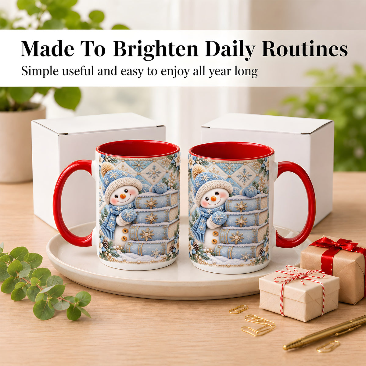 #pl[15oz|Red] Snowman Books Coffee Mug, Winter Reading Snowman Mug, Ceramic Cup