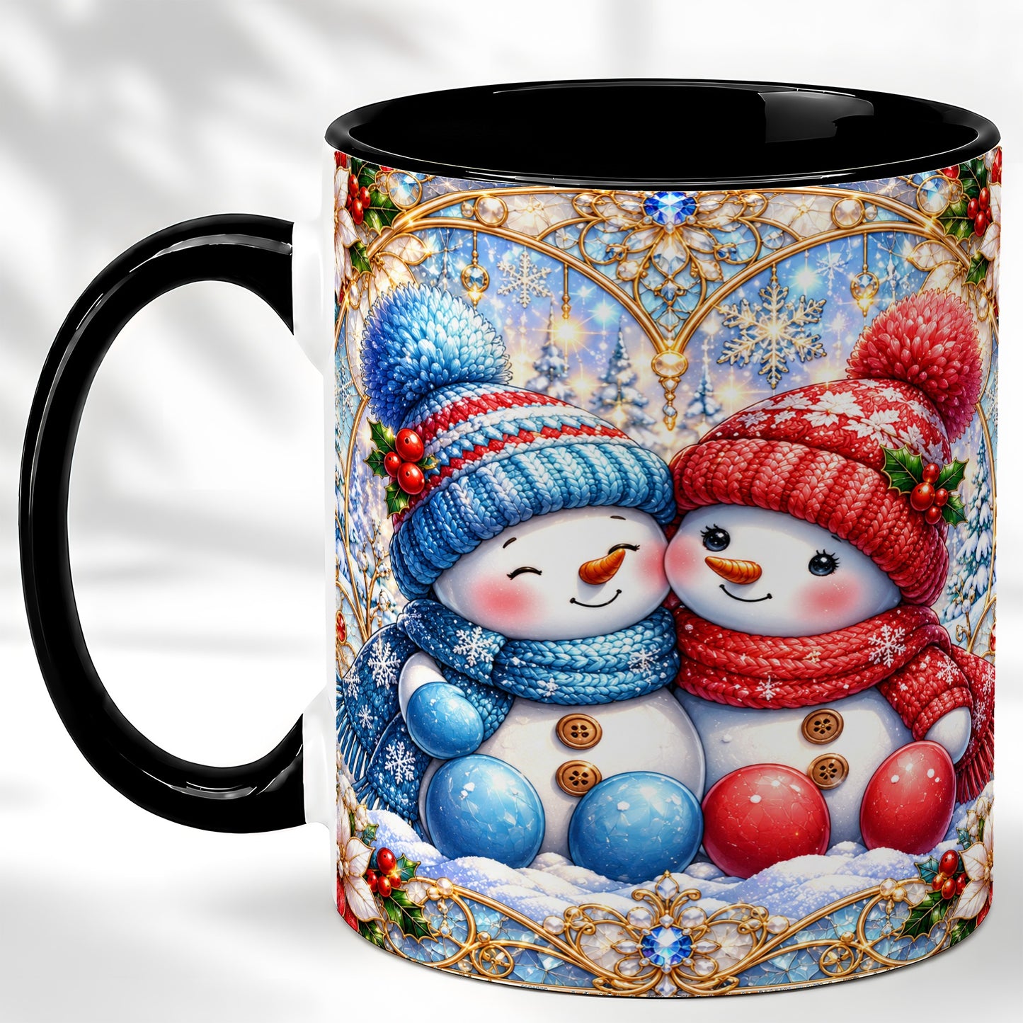 #pl[11oz|Black] Snowman Couple Coffee Mug, Christmas Snowman Mug, Ceramic Cup