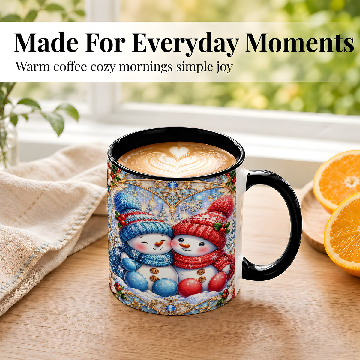 #pl[11oz|Black] Snowman Couple Coffee Mug, Christmas Snowman Mug, Ceramic Cup