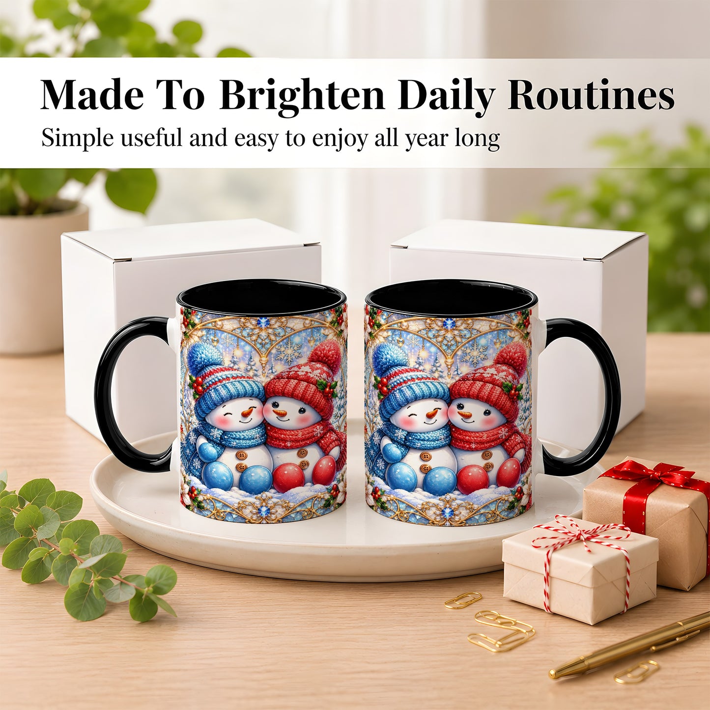 #pl[11oz|Black] Snowman Couple Coffee Mug, Christmas Snowman Mug, Ceramic Cup